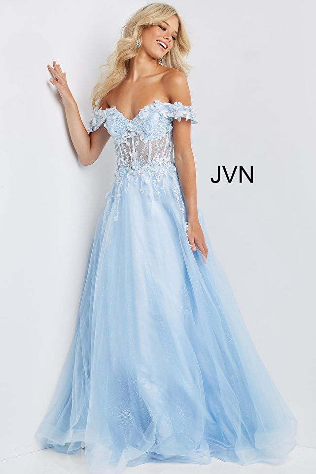 JVN08295 Lilac Off the Shoulder Corset Bodice Prom Dress